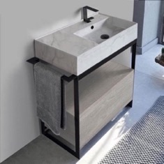 Modern  Console Vanity with Grey Oak Cabinet, Marble Style Sink, 35 inch